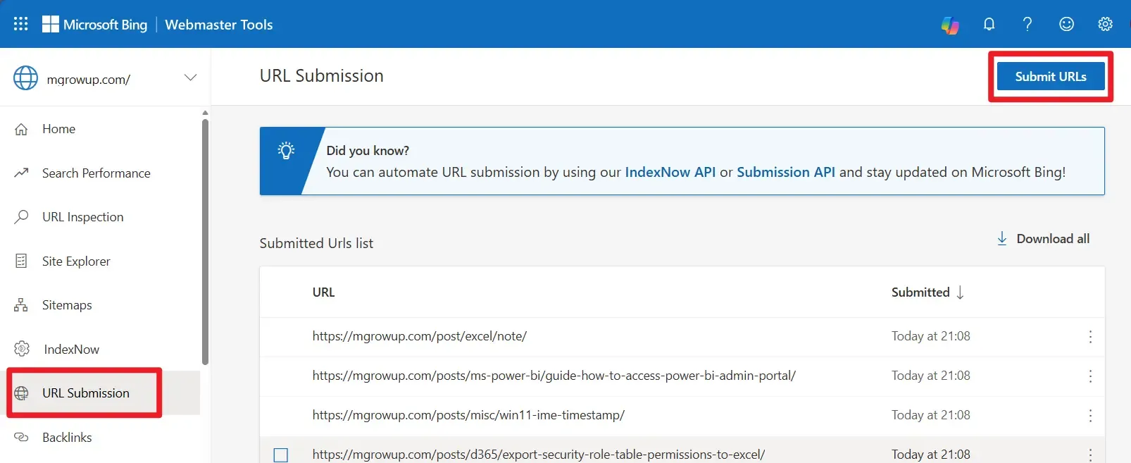 Bing Webmaster Tools 提交 URL