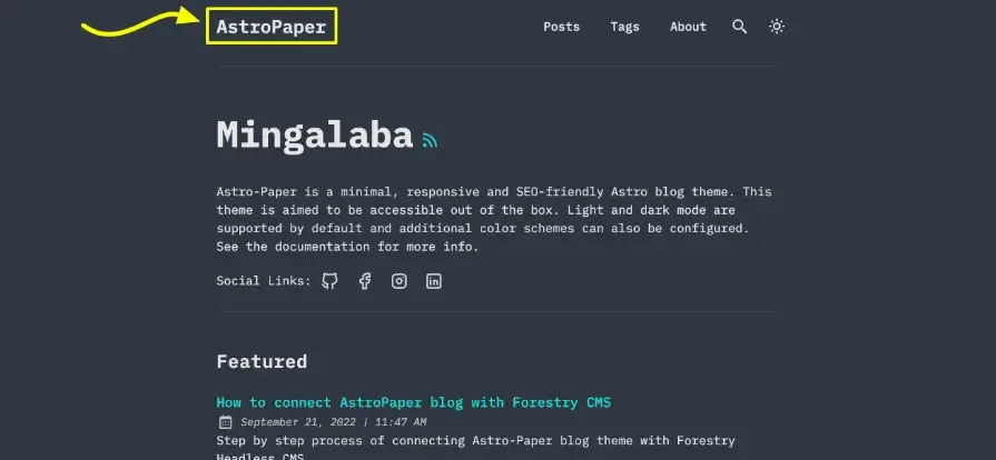 An arrow pointing at the website logo